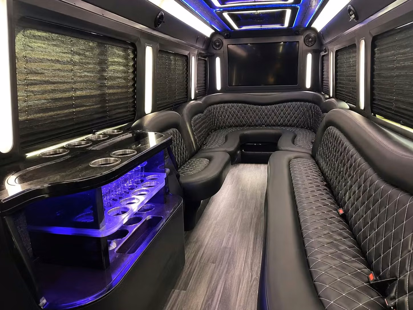 manhattan beach prom party buses with led lighting bluetooth sound and leather seating